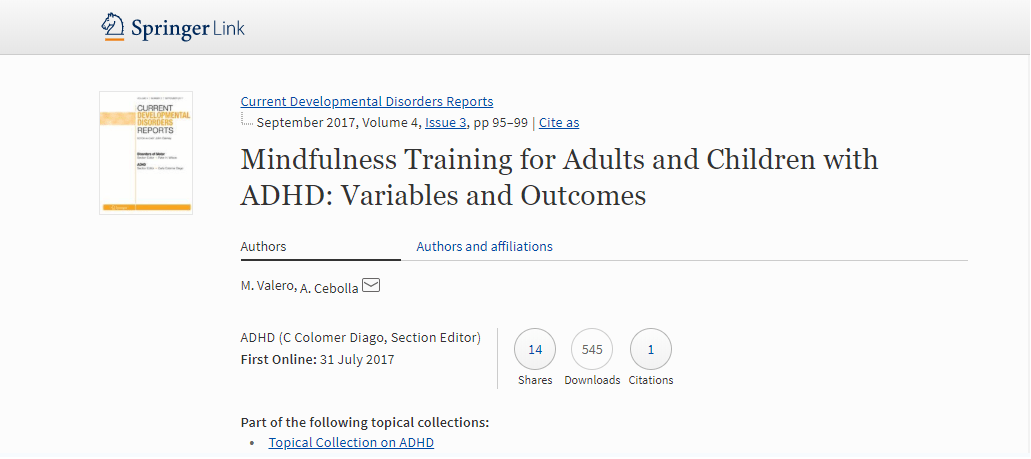 Publicamos en Journal Current Developmental Disorders Reports: Mindfulness y TDAH