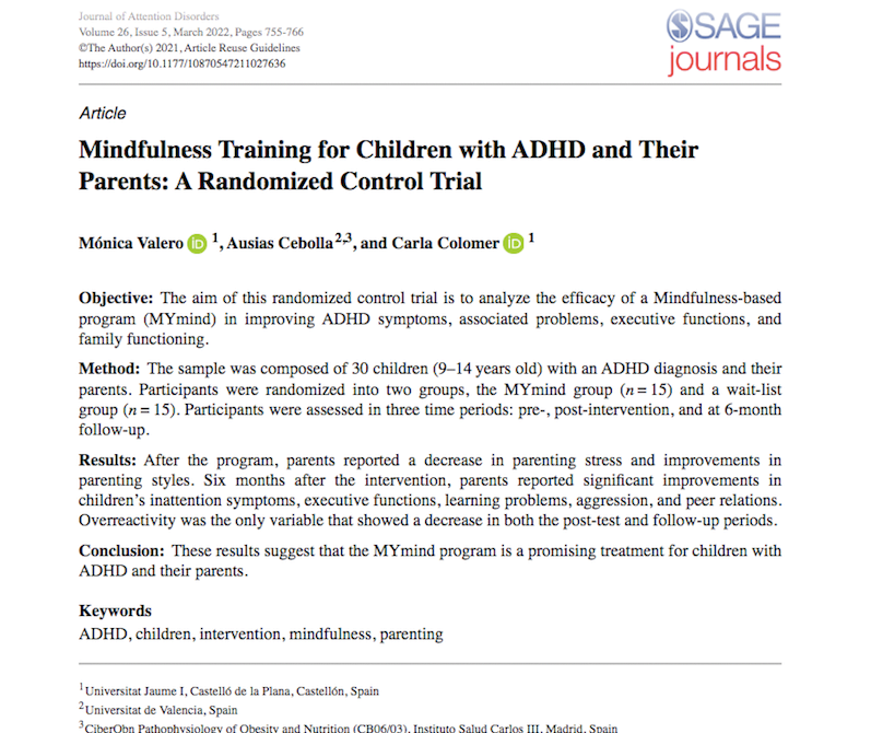 Mymind: Mindfulness para niños con TDAH y sus padres. Un estudio controlado aleatorizado